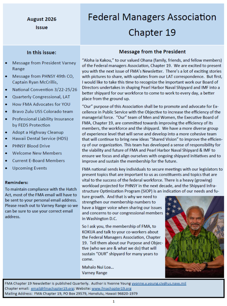 August 2026 Federal Managers Association Chapter 19 Newsletter